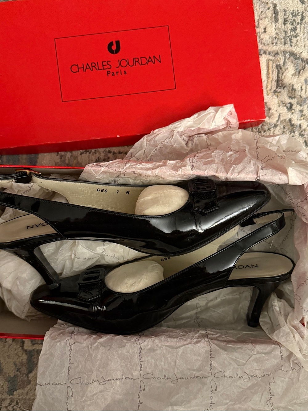 Charles Jourdan Black Patent Slingback Pumps with Buckle Accent